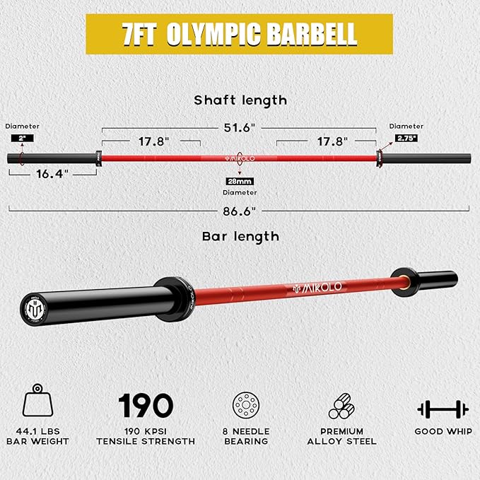 Mikolo 7ft Olympic Barbell, Barbell for Weightlifting and Powerlifting 45lb, Olympic Bar for 1500lbs Capacity, Weight Bar Fit 2” Standard Weights