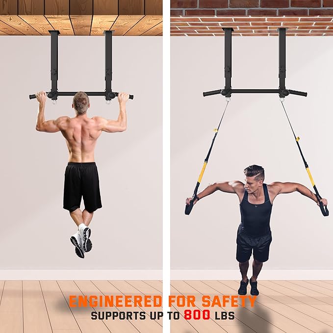 Upgraded-24" Ceiling Mount Pull Up Bar for Garage/Basement/Rafter - Heavy Duty 800LBS Adjustable Height Multi-Grip Chin Up Bar,Ceiling Joist/Beam