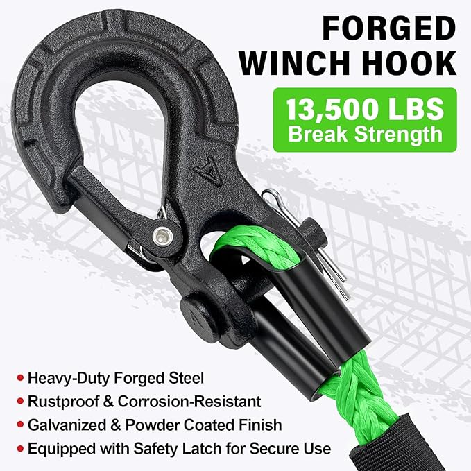 Synthetic Winch Rope Kit - 1/4" x 50' 10000 lbs Kinetic Recovery Cable for ATV UTV Off-Road Vehicles with Forged Hook, Rubber Stopper, Protective Sleeve and Safety Pull Strap - Green