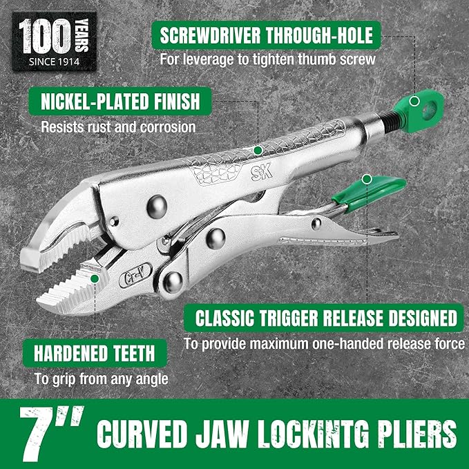SK 7" Curved Jaw Locking Pliers, Premium CR-V Construction, Ergonomic Anti-slip Handle, Ideal for Welding or Assembly