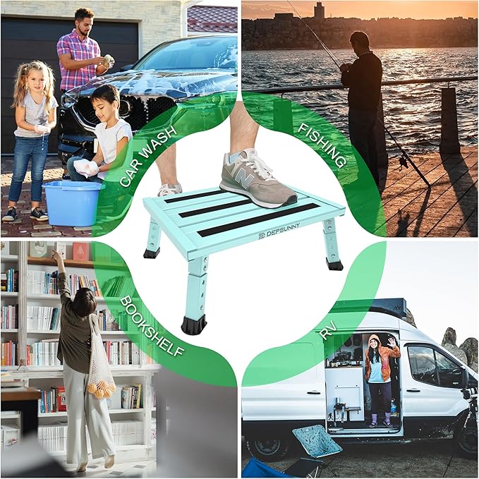 Adjustable Height Aluminum RV Step, Stable Foldable Platform Step Stool, Supports Up to 1,000 lb, Non-Slip Rubber Feet and Platform Mat, Easy to Carry (Green)