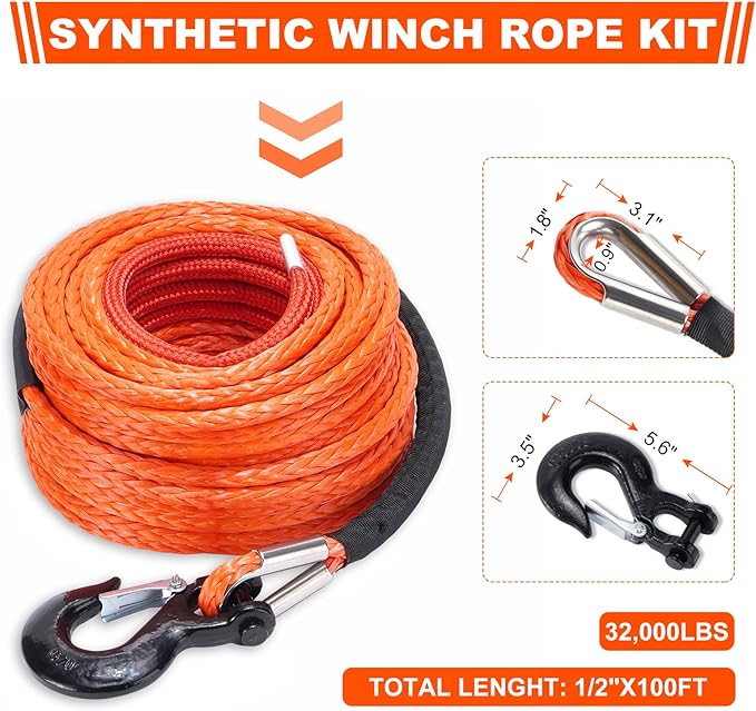 SPARKWHIZ Synthetic Winch Rope Cable Kit: 1/2" x 100 ft 32000lbs Winch Line Cable with Protective Sleeve + Winch Hook for 4WD Off Road Vehicle Truck SUV UTV ATV