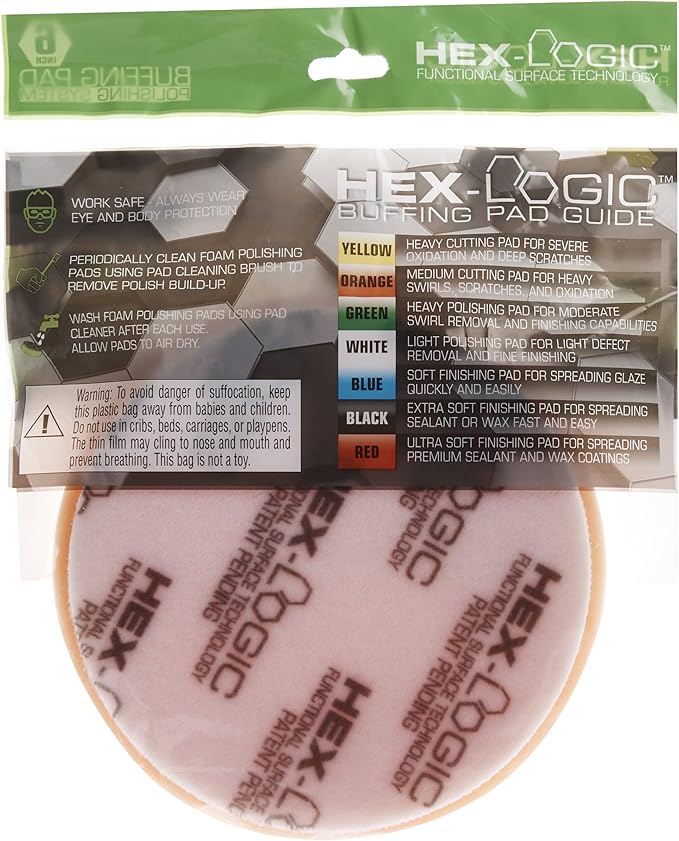 Chemical Guys BUFX_102HEX6 BUFX_102_HEX6 Hex-Logic Medium-Heavy Cutting Pad, Orange (6.5 Inch Pad Made for 6 Inch Backing Plates), 1 Pad Included