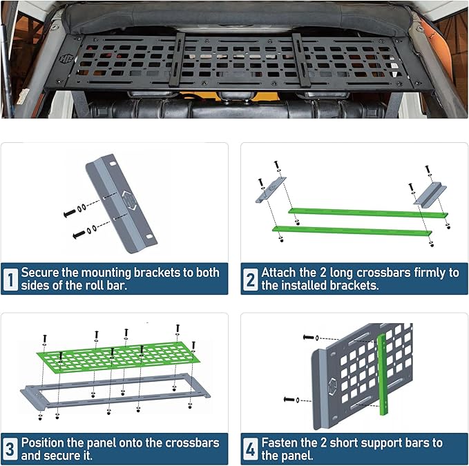 Hooke Road Roll Bar Storage MOLLE Panel Trunk Cargo Rack Shelf for 2007-2018 Jeep Wrangler JK Unlimited 4-Door Hardtop
