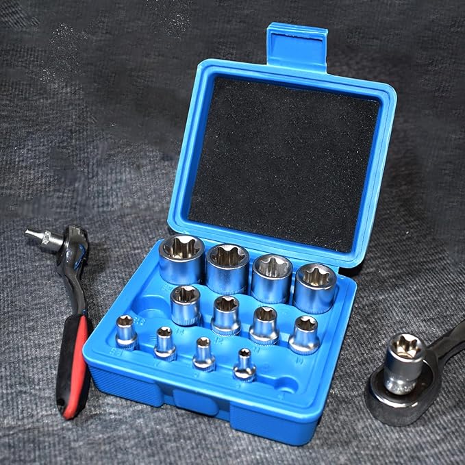 E-Torx Socket Set, 14 Piece Female E-Torx Star Socket Set, 1/4" 3/8" 1/2" Drive, E4 to E24 External Torque E Socket Set, 14pcs Star Socket Kit