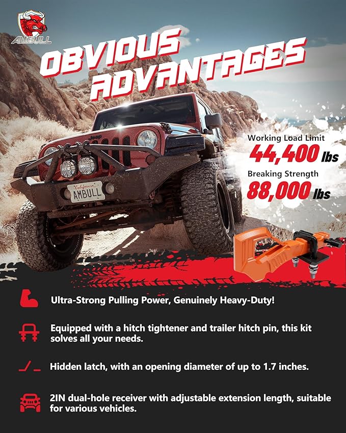 Tow Hitch Receiver Hook With Tightener, 2 Inch Truck Receiver, Drop Forged Steel Trailer Hitch 88000 Lbs Break Strength, Scorpion Tail Tow Hook for Trucks, Orange