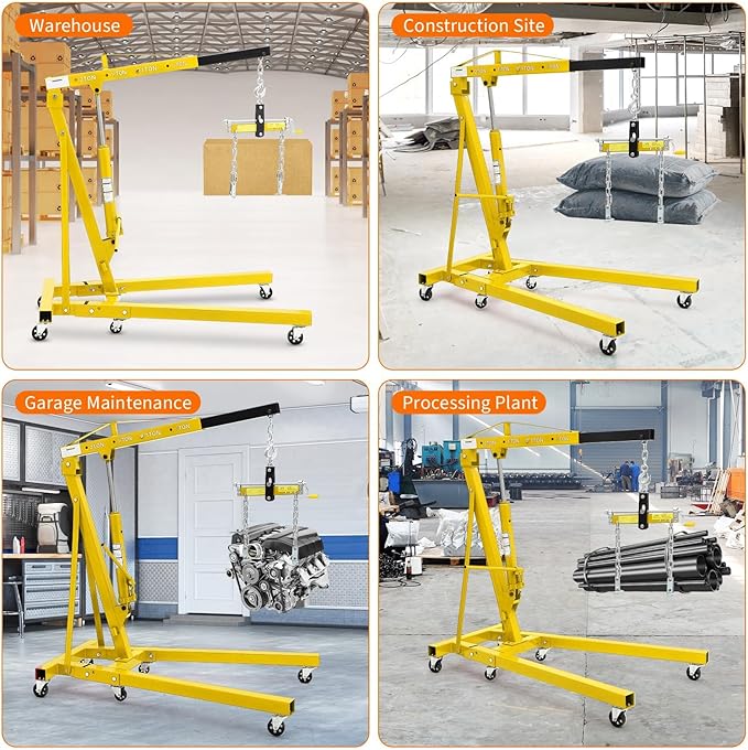 2 Ton Folding Hydraulic Engine Hoist with Load Leveler 4400 LBS Capacity Heavy Duty Cherry Picker 6 Swivel Wheels&Hydraulic Pump Adjustable Boom (0.5T-2T) for Garage Workshop Warehouse Yellow