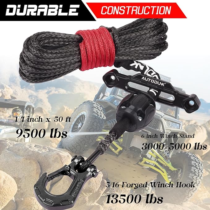 Synthetic Winch Rope-3/16 x 50ft 8,450LBS Winch Line with 4-7/8" Fairlead, Forged Winch Hook and Rubber Stopper, Protective Sleeve Synthetic Winch Cable for 4WD ATV UTV Offroad Vehicles Black