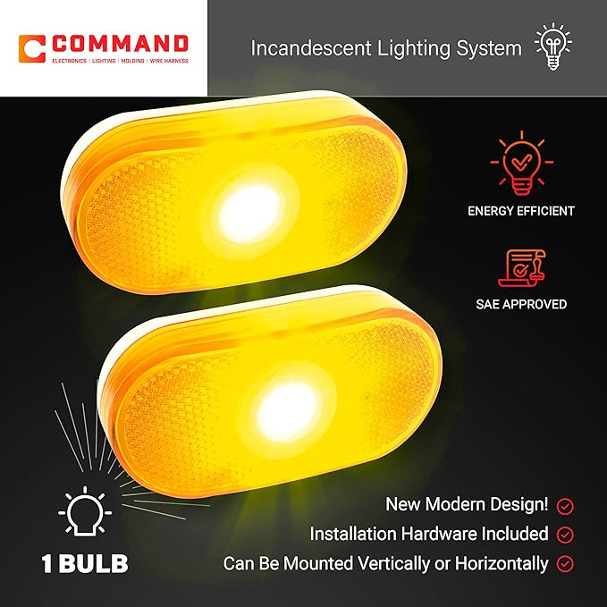 Command Electronics 12V Incandescent Surface Mount Clearance Light – Modern OEM RV, Truck, & Trailer Side Marker – Sealed Polycarbonate Lens – CSA Certified for the US and Canada – Amber – 2-Pack
