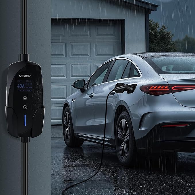 VEVOR Level 2 EV Charger, 40 Amp Adjustable Current, 240V Electric Vehicle Portable Charger with 25 ft Charging Cable, LCD Display, NEMA 14-50P Plug, Plug-in Home Car Charging Station for SAE J1772 EV