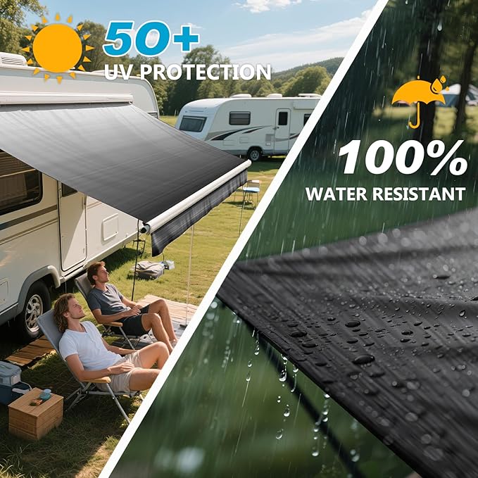 15FT RV Awning Fabric Replacement, 18.5oz 4-PLZ Heavy-Duty Weatherproof Vinyl Camper Awning Replacement Universal Outdoor Canopy for RV, Motorhome, Black Fade (Fabric 14'2")