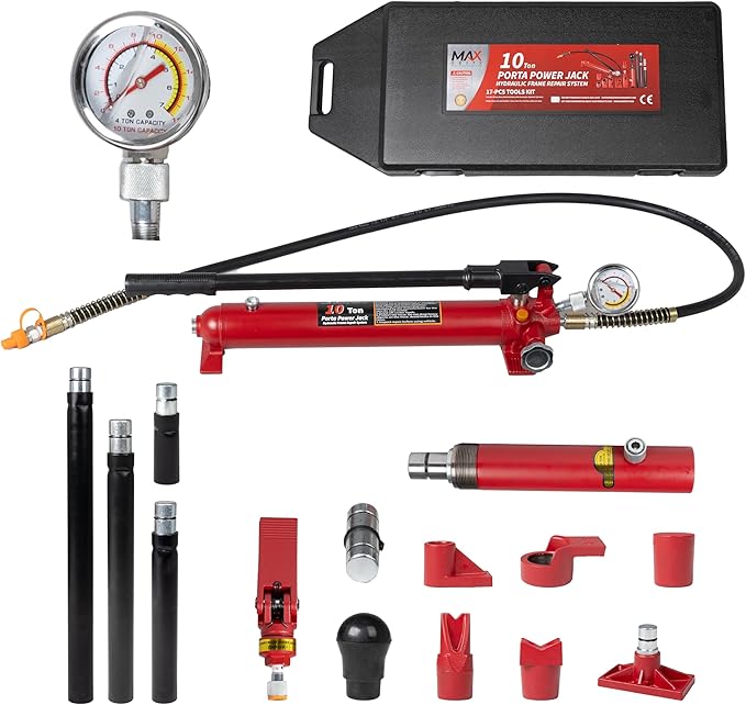 10 Ton (20,000 lbs Capacity) Porta Power Jack Hydraulic Ram Auto Body Frame Collision Repair Kit Set, 17-Pcs, with Blow Mold Carrying Case and Gauge