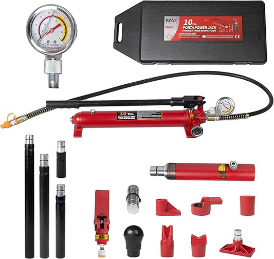 10 Ton (20,000 lbs Capacity) Porta Power Jack Hydraulic Ram Auto Body Frame Collision Repair Kit Set, 17-Pcs, with Blow Mold Carrying Case and Gauge