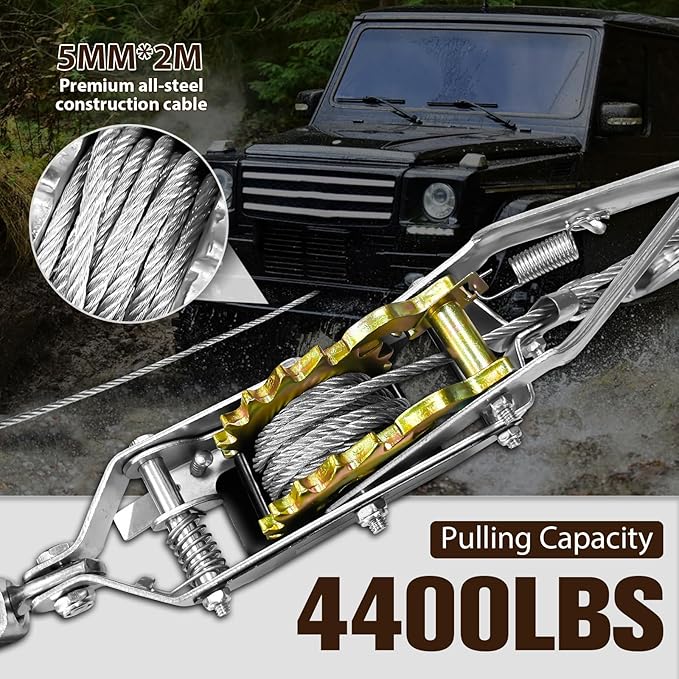 Come Along Winch 2 Ton Capacity with 7.54FT Steel Cable Heavy Duty Come Along Tool with Dual Gears 2 Hooks with Two 1"x8FT Lifting Straps Hand Winch Tool for Road Vehicle Recovery and Pulling