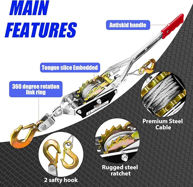 Come Along Winch 1T Pulling Capacity 7FT Steel Cable 2 Hooks Heavy Duty Ratchet Power Puller Tool with Dual Gears Hand Winch Cable Automotive Hoist Winch Puller