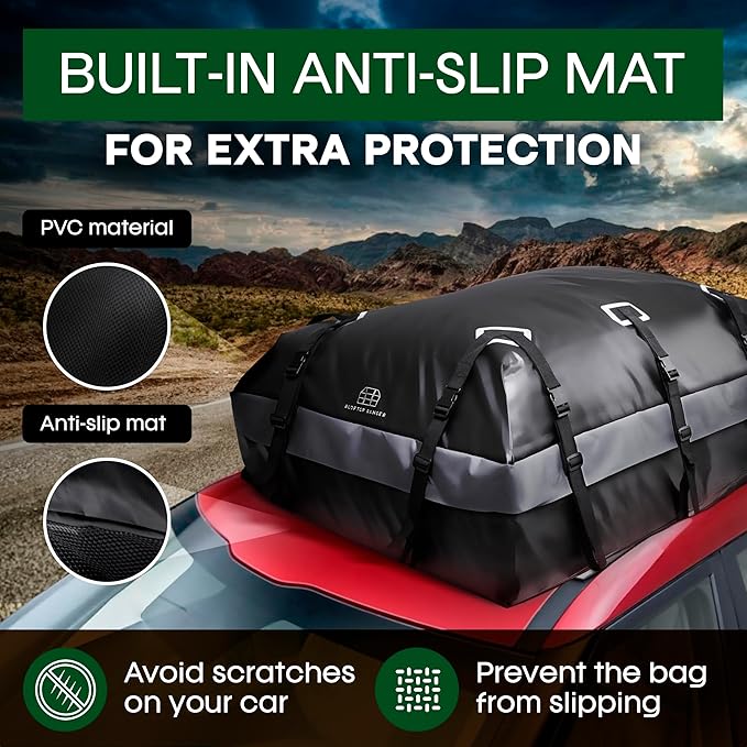 21 Cubic Feet Car Rooftop Soft Shell Cargo Carrier, 100% Waterproof - Car Storage for All Vehicle with/Without Racks - Attached Anti Slip Mat, Storage Bag, 6 Door Hooks and 6 Straps
