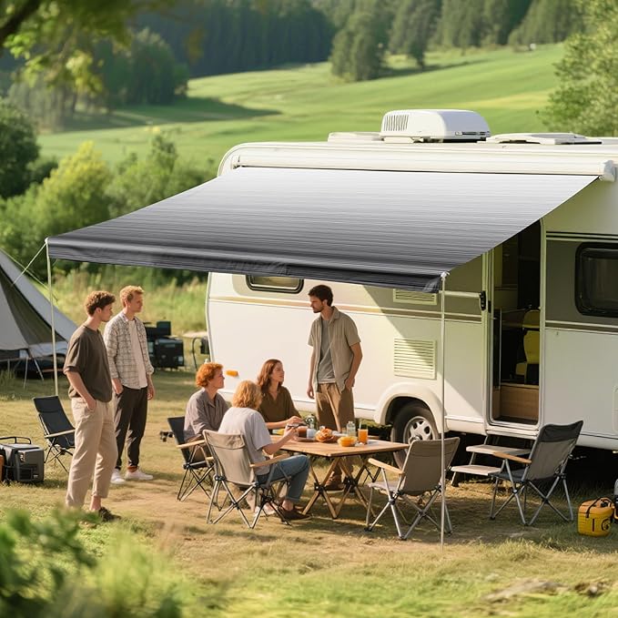 15FT RV Awning Fabric Replacement, 18.5oz 4-PLZ Heavy-Duty Weatherproof Vinyl Camper Awning Replacement Universal Outdoor Canopy for RV, Motorhome, Black Fade (Fabric 14'2")