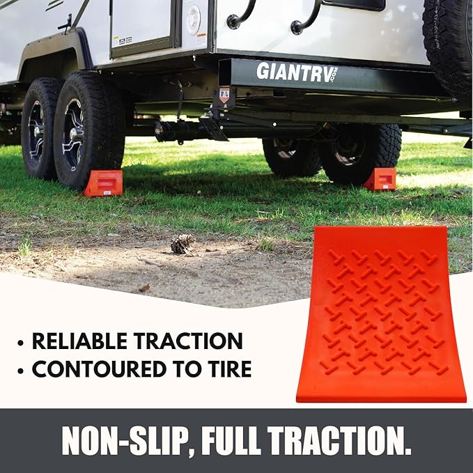 SECURITYMAN 4 Pack Wheel Chocks - Constructed of Heavy Duty Solid Polyurethane Rubber for 20,000 lbs - Great for RV, Camper, Truck, Travel Trailer Wheel Chocks - All Surfaces and All Weather - Orange