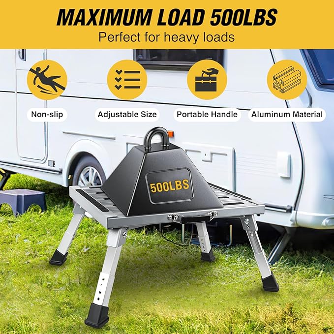 Nilight RV Step Stool Aluminum Folding Platform Steps 19x14.5 RV Steps 4 Levels Adjustable Step Stool with Anti-Slip Surface Rubber Feet Handle Supports Up to 500lbs for Camper Travel Trailer, Silver