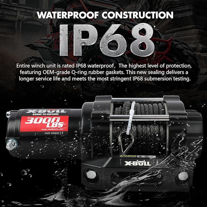 X-BULL New 12V DC 3000LBS IP68 Waterproof Electric Winch for Towing ATV/UTV, Boat, Off Road, Wireless Remote and Corded Control Recovery, Portable Synthetic Rope Electric Winch with Hawse Fairlead.