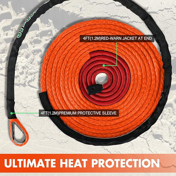 Synthetic Winch Rope, 3/8" x100ft 23809LBS Dyneema Winch Rope 3/8 Heavy Duty Winch Cable with Protective Sleeve Forged Winch Hook for 4WD Off Road Vehicle Truck SUV (Orange)