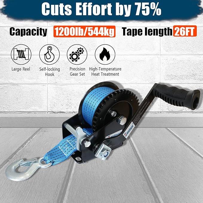 Heavy Duty Boat Trailer Winch,HandCrank Winch 1200lbs Capacity with 26FT Strap,2-Way Ratchet 4:1 Gear Switchable Hand Crank Winch for Boat,Trailer,Truck,RV,ATV and Jet Ski