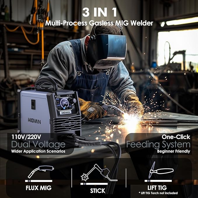 140A Gasless MIG Welder, 110V/220V Dual Votage Welding Machine, Flux Cored MIG/Lift TIG/Stick ARC 3 in 1 MIGVAN Welders Synergic Control with One-Click Wire Feeding, IGBT DC Inverter with LED Display