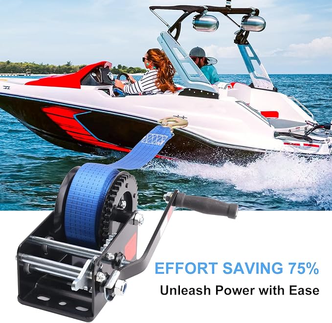 3500 LBS Boat Towing Winches with 33FT Blue Strap, 4:1/8:1 Gear Trailer Winch for Boats, Heavy Duty Hand Crank Boat Towing Winch, Ideal for Boat Trailer, Jet Ski, RV, and ATV