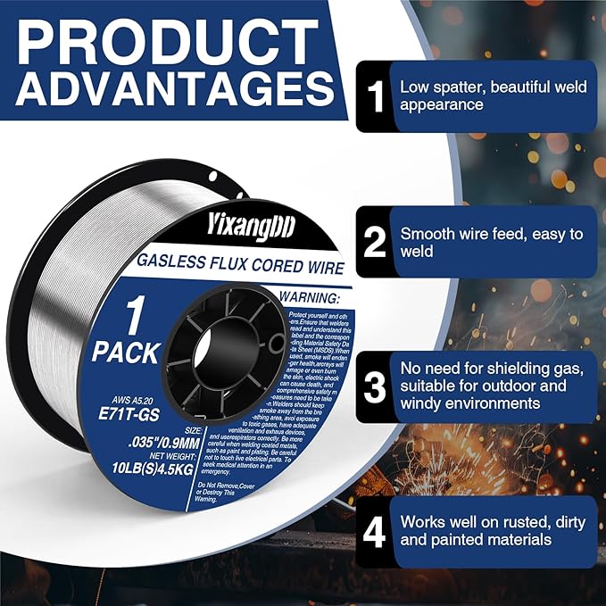 1-Pack 0.035" Flux Core Welding Wire, E71T-GS Low Splatter Gasless Mild Carbon Steel Mig Welding Wire, Compatible With Most Welder, 10-Pound Each