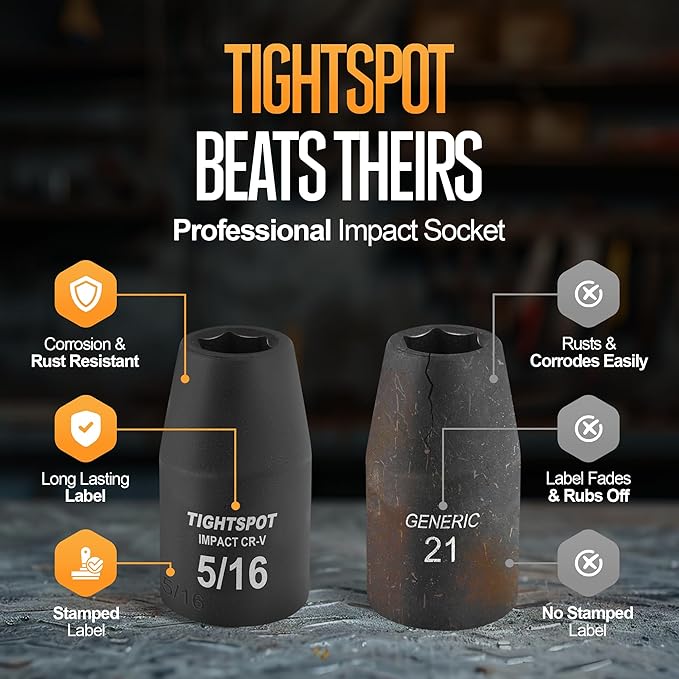 TIGHTSPOT 1/2 Inch Drive 5/16 Inch Shallow Impact Socket with Anti-Rounding 6 Point Design, Heat-Treated CRV Steel