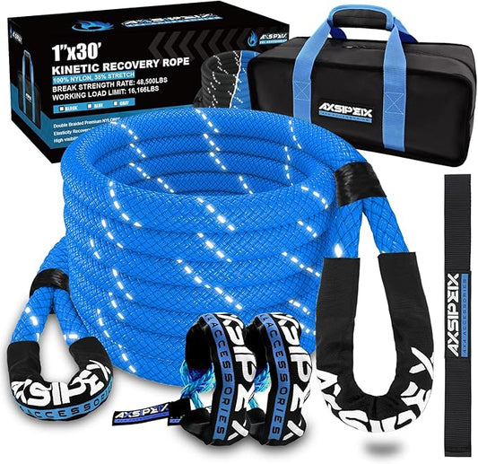 Kinetic Recovery Rope Kit (Reflective), 1in x 30ft 48,500Lbs, 35% High Elasticity, w/ 2 Soft Shackles, 16,166Lbs Work Load Limit for 4x4 Offroad Vehicle (Medium Blue