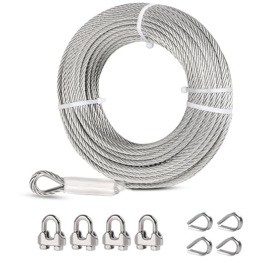 1/4 Stainless Steel Cable, 50ft Wire Rope with Wire Rope Clamps and Thimble, 6400lbs Breaking Strength, 7X19 Strands Aircraft Cable for Yard Zipline, Deck Railing, Boat Lifts