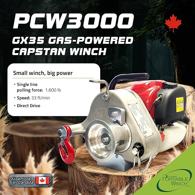 Portable Winch PCW3000-A Gas-Powered Capstan Winch with Accessories - 1,600 lbs Pulling Capacity Winch, Honda GX-35 Engine Portable Gas Winch for Hunting, Logging, and Towing