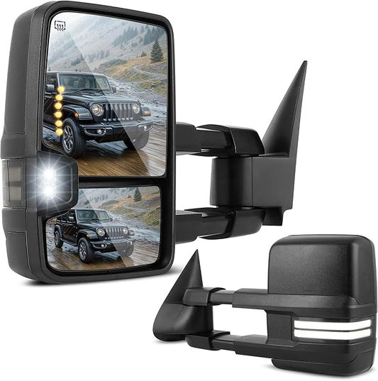 DWVO Towing Mirrors Compatible with 03-06 Silverado Sierra 1500 2500 HD 3500 Escalade Suburban Tahoe Yukon, Turn Light Running Lights Power Heated Manually Folding Switchback