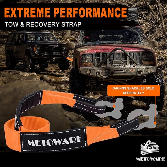 METOWARE Tree Saver Tow Strap 3'' × 8ft Recovery Strap, Heavy Duty Tow Straps with 35,000 lb Capacity, Triple Reinforced Loop Straps, Emergency Off Road Towing Rope, Extreme Water-Resistant (Orange)
