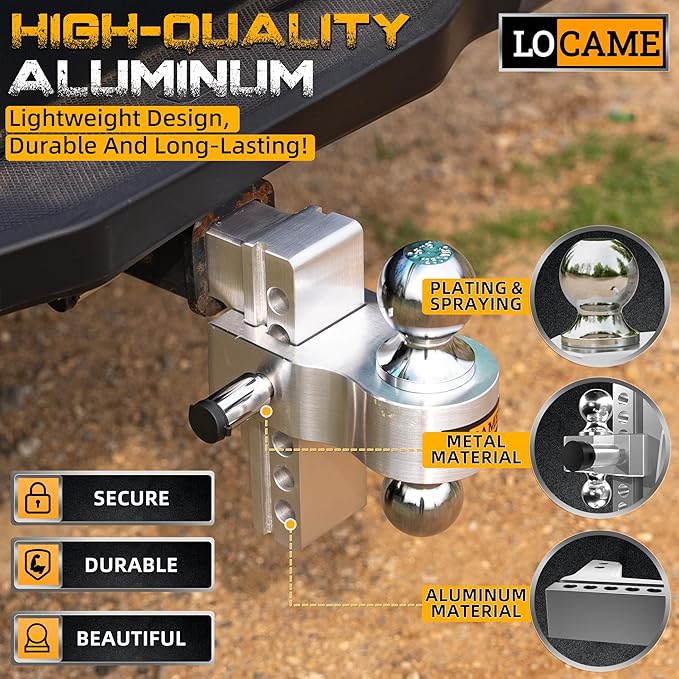 LOCAME Adjustable Trailer Hitch, Fits 2.5-Inch Receiver, 6-Inch Drop/Rise Aluminum Drop Hitch,18,500 LBS GTW-Tow Hitch for Heavy Duty Truck with Double Stainless Steel Locks, LC0026