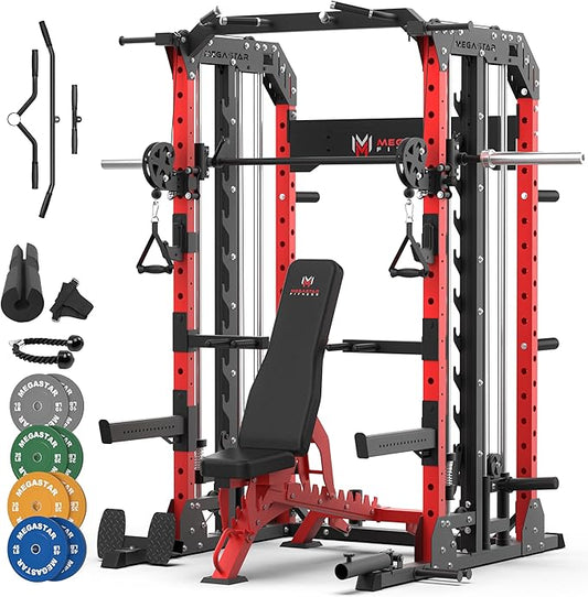 Smith Machine for Home Gym - 2000lbs Capacity All-in-One Power Rack with Cable Crossover, Pull-Up Bar & Dip Station, Includes 18 Attachments, P107 Anvil