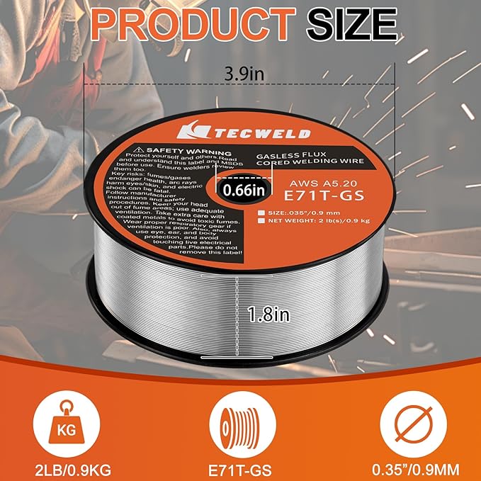 0.35" Flux Core Welding Wire - E71T-GS Gasless, Low Splatter, Mild Steel MIG Wire - Fits Most MIG Welders - 2 lb Spool