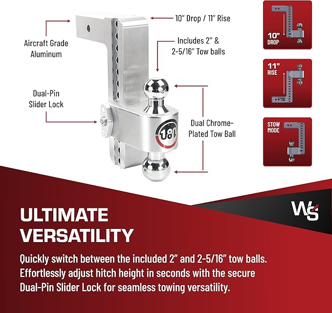 Weigh Safe Adjustable Trailer Hitch Ball Mount - 10" Adjustable Drop Hitch for 2.5" Receiver - Premium Heavy Duty Aluminum Trailer Tow Hitch w/ Chrome Plated Tow Balls (2" & 2 5/16") - 18,500 lbs GTW