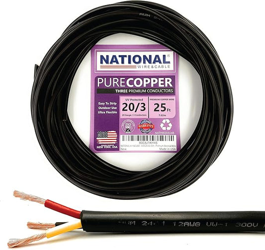 NATIONAL Wire & Cable – 20 AWG 3-Conductor Premium Copper Wire, 25 ft, Stranded | Made in USA, Flexible Jacket | Electronics, Controls, DIY Wiring, Indoor and Outdoor Use