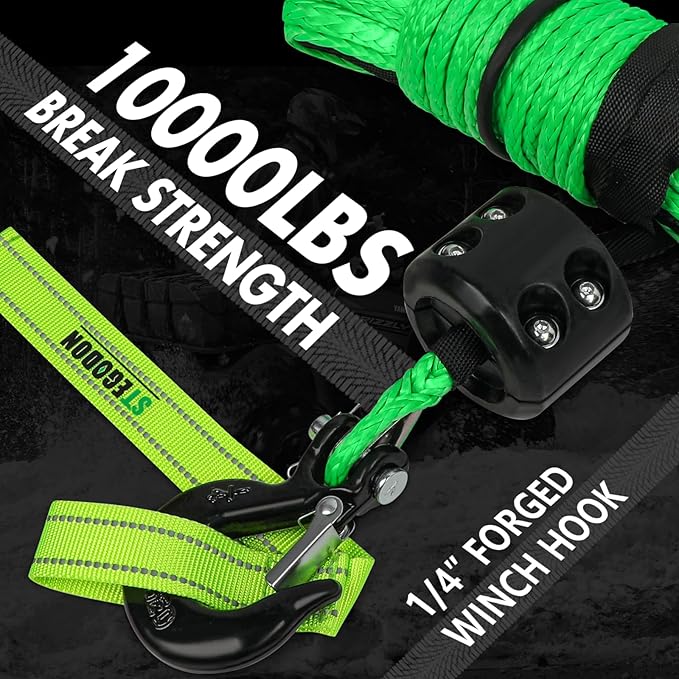 Synthetic Winch Rope, 1/4'' x 50ft 10,000LBS Synthetic Winch Line 1/4 Winch Cable Replacement Synthetic Rope with Forged Winch Hook and Rubber Stopper for 4WD Off Road Vehicle ATV UTV (Green)