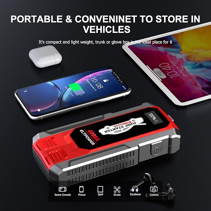 Car Battery Jump Starter 12V Battery Booster Pack 4000A Portable Jump Starter Jump Box with Jumper Cables USB Power Bank Dual Output LED Light