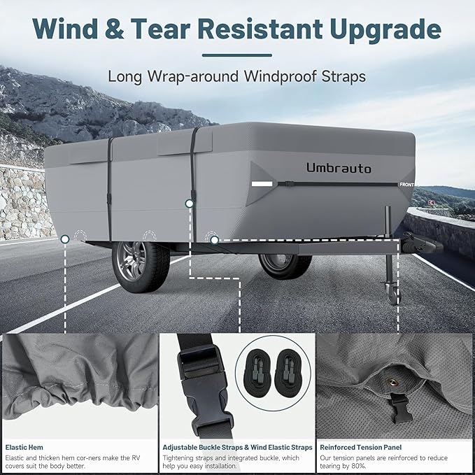 Umbrauto Pop-Up Camper Covers Fits 14-16ft Tent Trailer: 7 Layers Top Pop Up Trailer Cover Waterproof, Breathable Ripstop Sun Block, with Gutter Covers, Windproof Straps