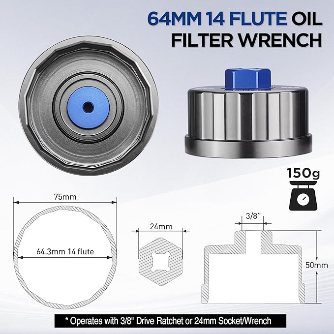 WORKPRO Oil Filter Wrench for Toyota Lexus..., 64mm 14 Flute Precision CNC Machined Aluminum Oil Filter Removal Tool for Toyota Camry, Tundra, Tacoma, 4Runner, RAV4 and More