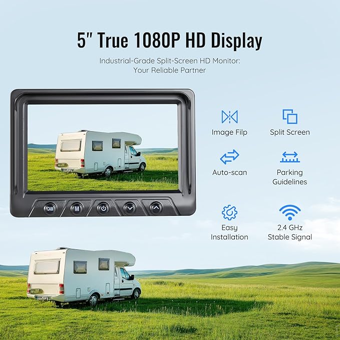 1080P Wireless Backup Camera and 5" Monitor System, RV Rear View IR Night Vision Camera, IP69 Waterproof Reverse Cam for Hitching Trailer, Truck, Camper, Pickup, Dual-Camera Support, WZ5-1