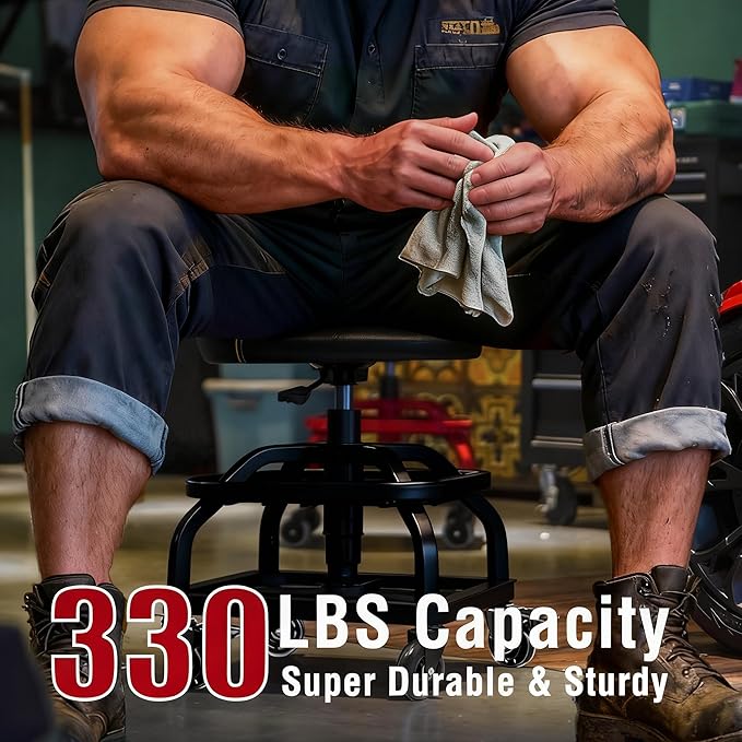 Rolling Shop Stool with Wheels, Garage Work Mechanic Stool with Backrest, Roller Mechanic Chair, Adjustable Height, 360° Swivel, Tool Tray Storage, 330 LBS Capacity, Heavy Duty, Black