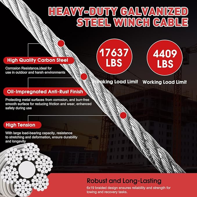 Steel Winch Cable,3/8" x 75' Wire Rope with Swivel Hook,17637 Lbs Breaking Strength,6x19 Strand Core Steel Towing Cable for Tow Truck,Crane,Wrecker