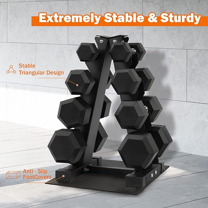 Rubber Encased Hex Dumbbell Set with Rack, 5-20LB or 5-25LB Hand Weights with Anti-Slip Grip for Exercise & Fitness, Dumbbell Weights Set for Home Gym, 100LB or 150LB Set Options