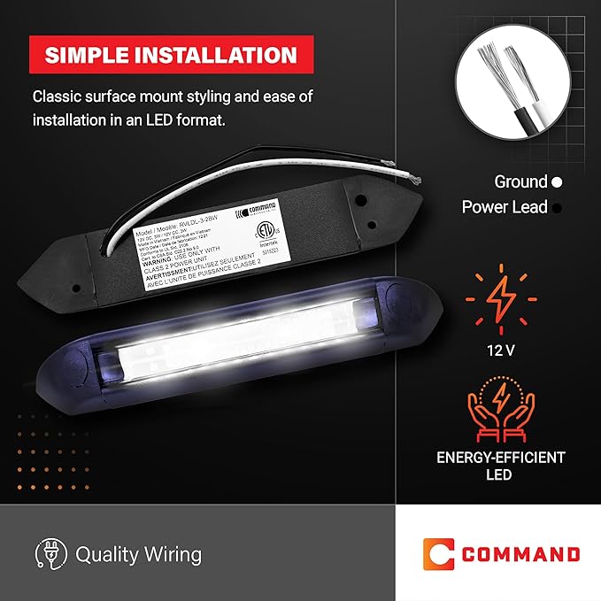 Command Electronics 12V LED Exterior Extruded Porch Light – Surface Mount Utility – IP67 Rating OEM RV, Camper, Bus, Truck, & Trailer – 8"x1.4"x1.4" – Black Case/White Light 2-Pack