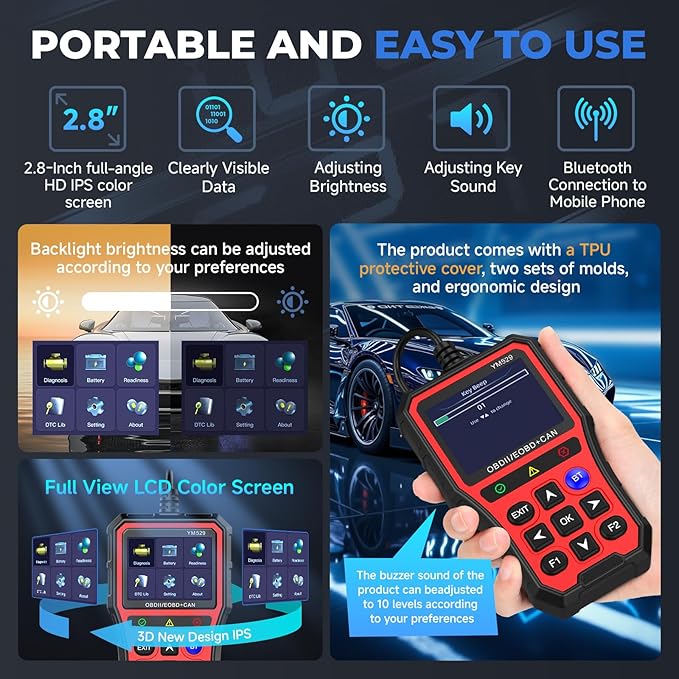 Bluetooth OBD2 Scanner with Battery Tester & Monitoring & Life Test - Support Checking Car Diagnostic Information on iPhone & Android, 2.8 inch HD Large Color Screen, TPU case Protection, Red